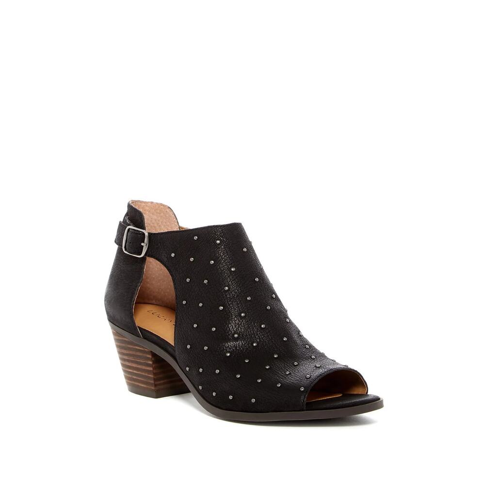 Lucky Brand Black Leather Stud Studded Peep Toe Ankle Sandals Women's Size 7.5
